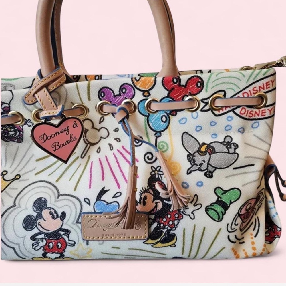 Dooney & Bourke Cream Multi Disney Canvas Tote with Tan Leather Handles